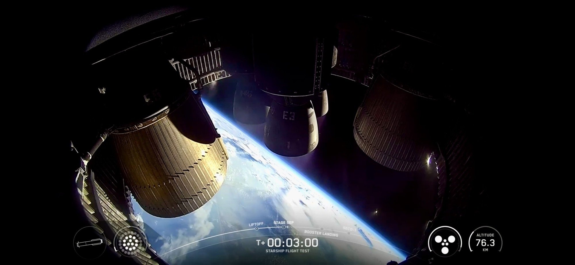A view of Starship's Raptor engines in space