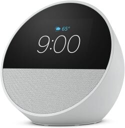 a white amazon echo spot alarm clock