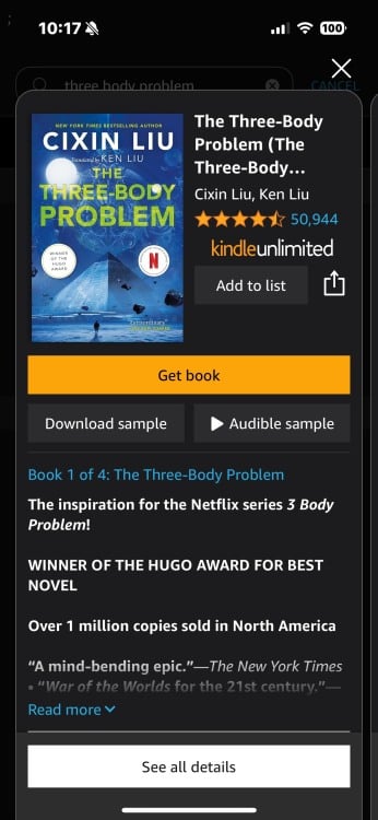 Screenshot of the Kindle iOS app showing "The Three-Body Problem" with a new "Get book" button for purchasing.