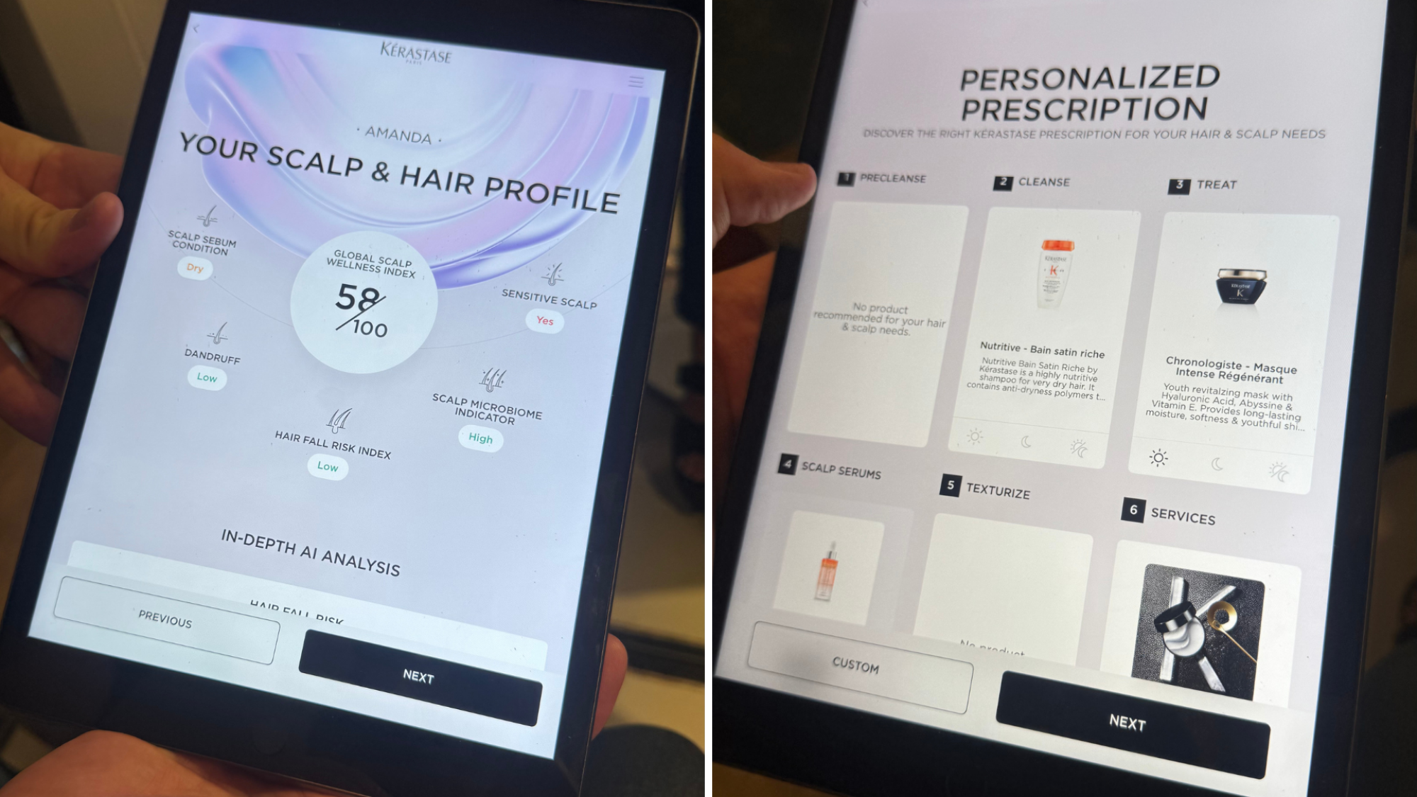 Two photos of K-SCAN results on a tablet, showing a person's scalp and hair profile as well as personalised Kérastase product recommendations.