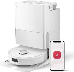 Roborock Qrevo Master robot vacuum in white and smartphone with Roborock logo on screen