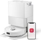 Roborock Qrevo Master robot vacuum in white and smartphone with Roborock logo on screen