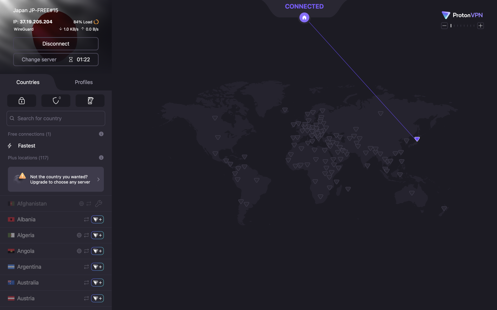 a screenshot of the proton vpn mac app