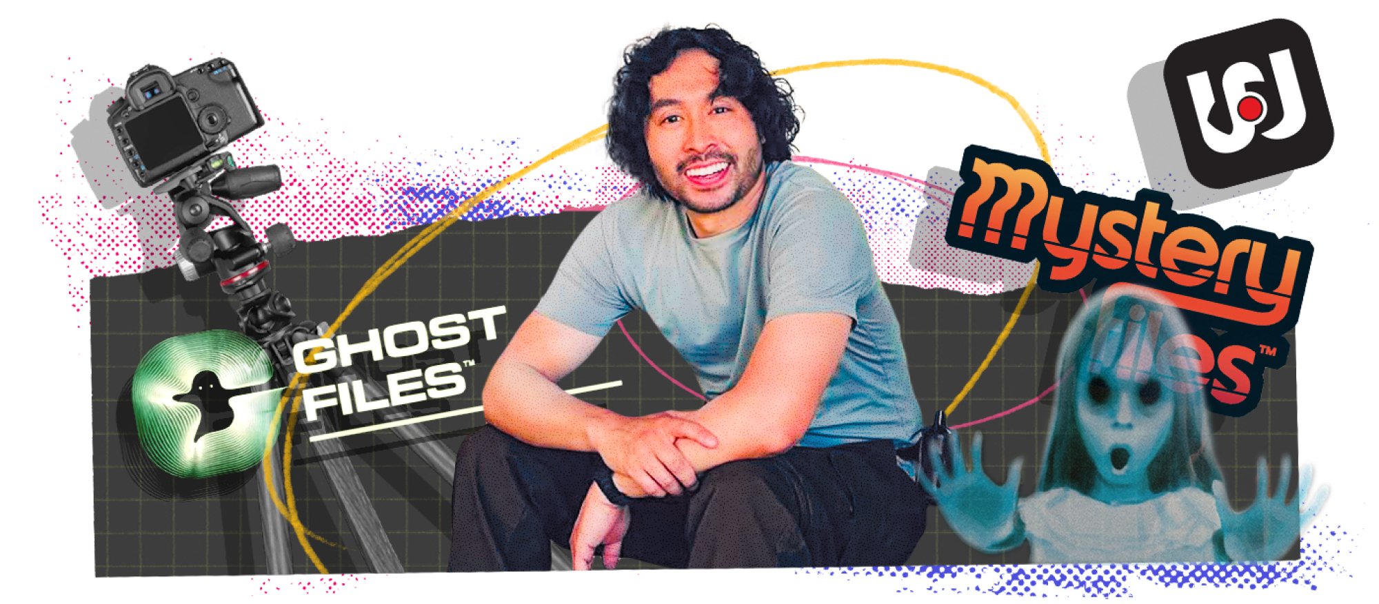 Ryan Bergara surrounded by the logos for Watcher, Mystery Files, and Ghost files.
