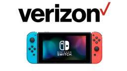 Verizon logo and Nintendo Switch with red and blue joy-cons