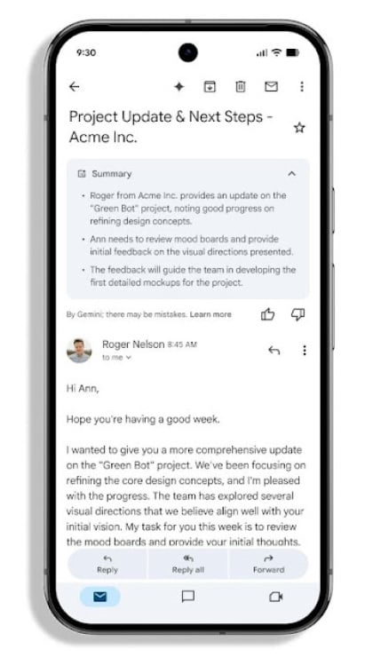gemini summary on email appearing above regular email