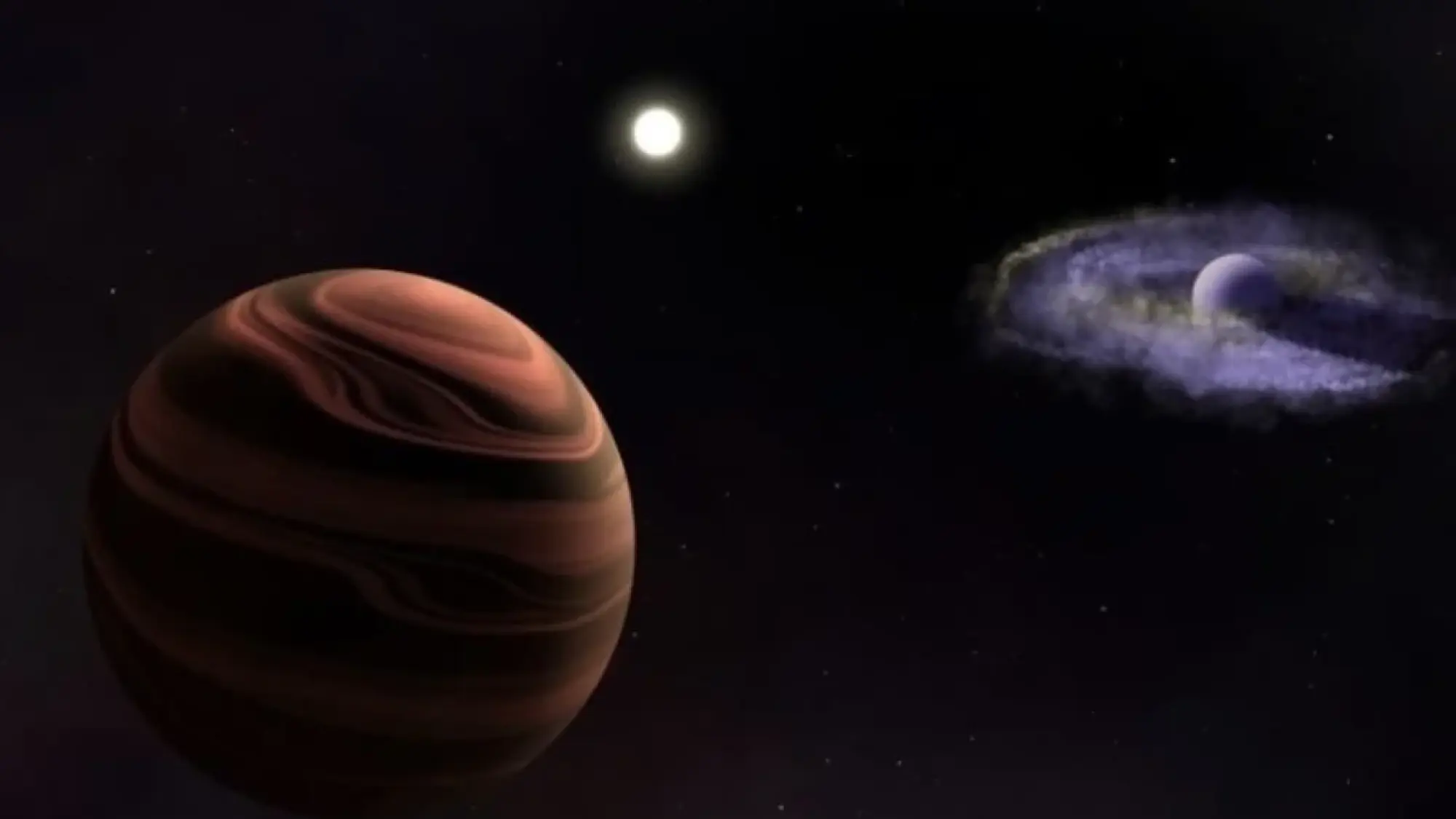 An artist's rendering of the star system YSES-1 and two orbiting gas giant exoplanets