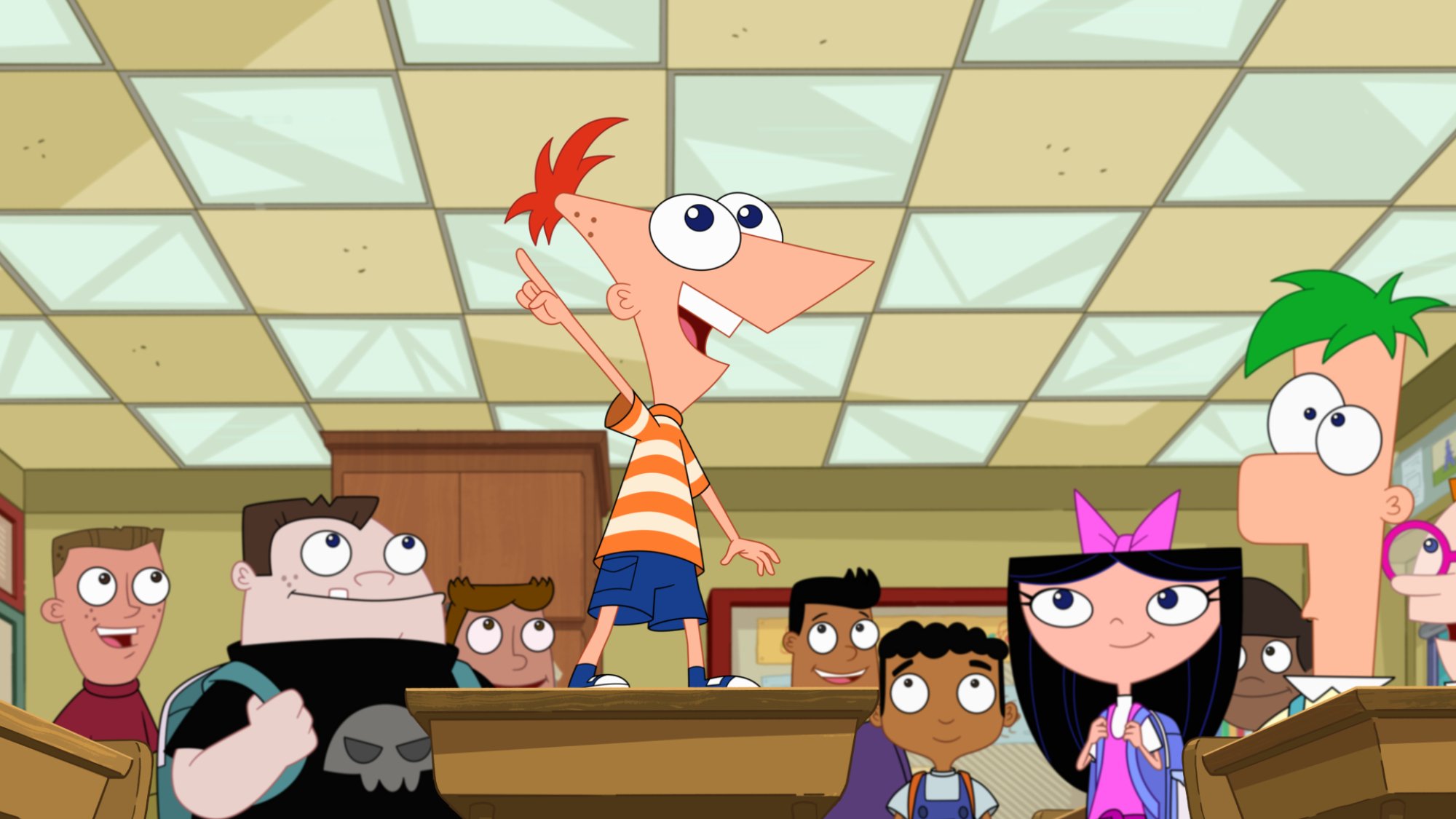 Phineas stands on a school desk in "Phineas and Ferb."