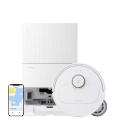 White Roborock Qrevo Pro robot vacuum and smartphone with home map on screen