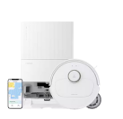 White Roborock Qrevo Pro robot vacuum and smartphone with home map on screen