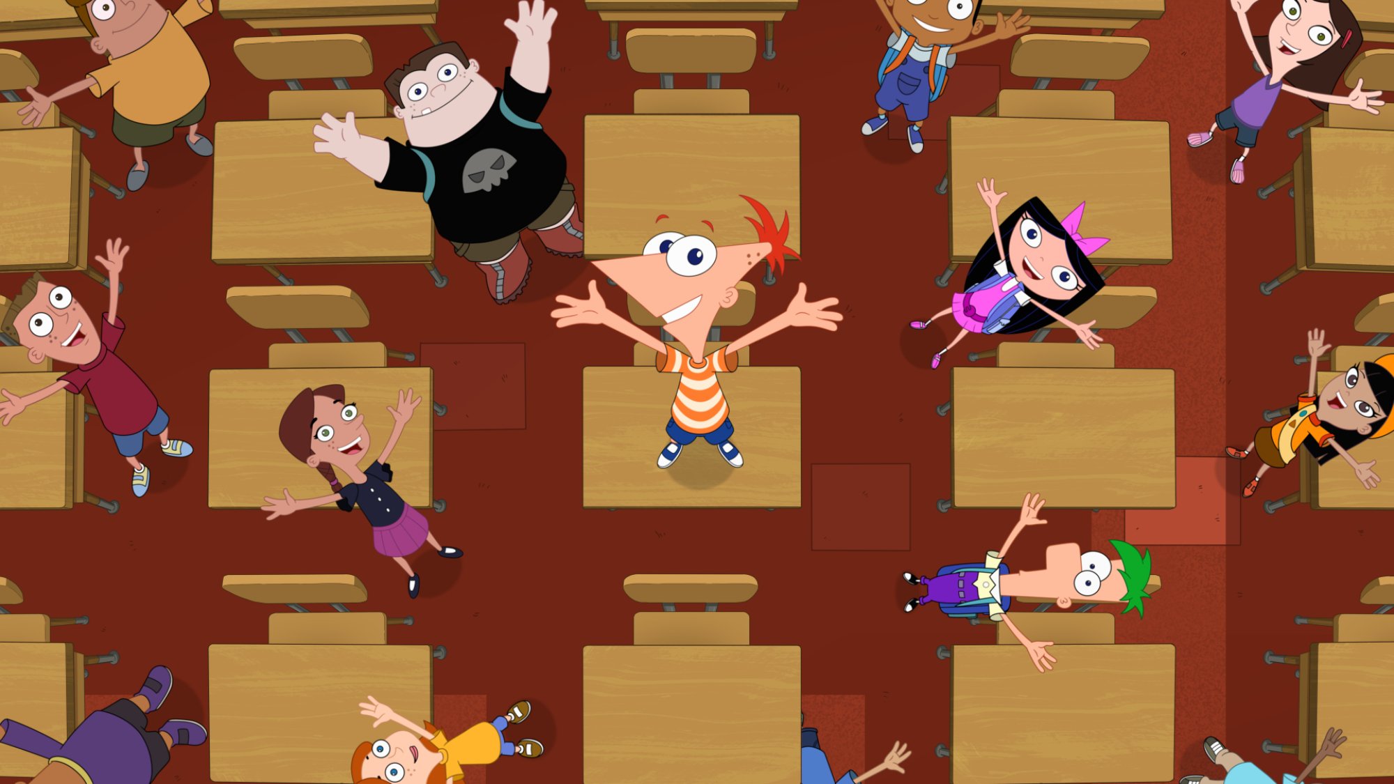 Phineas and friends sing in their classroom on the last day of school.