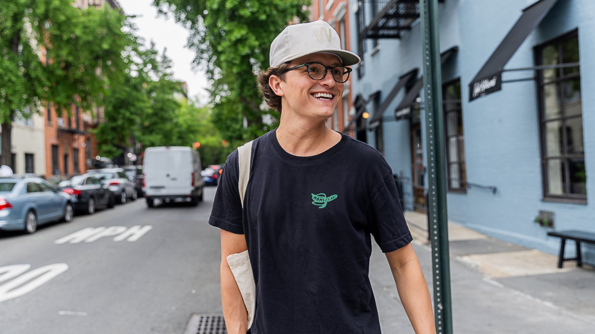 Connor Wood walking around the streets of the West Village.