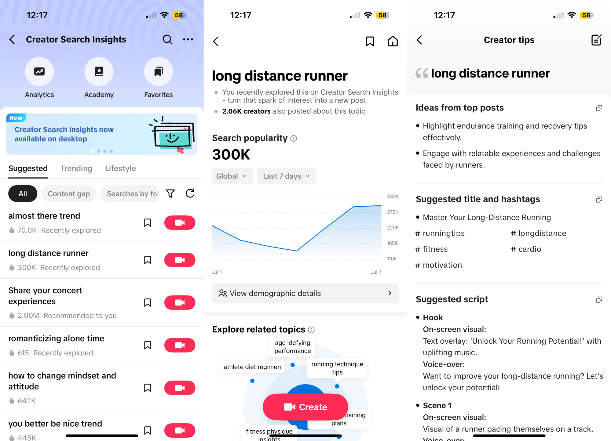 Results for "long distance runner" on TikTok's Creator Search Insights