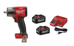 Red and black cordless impact wrench, batteries, and charger