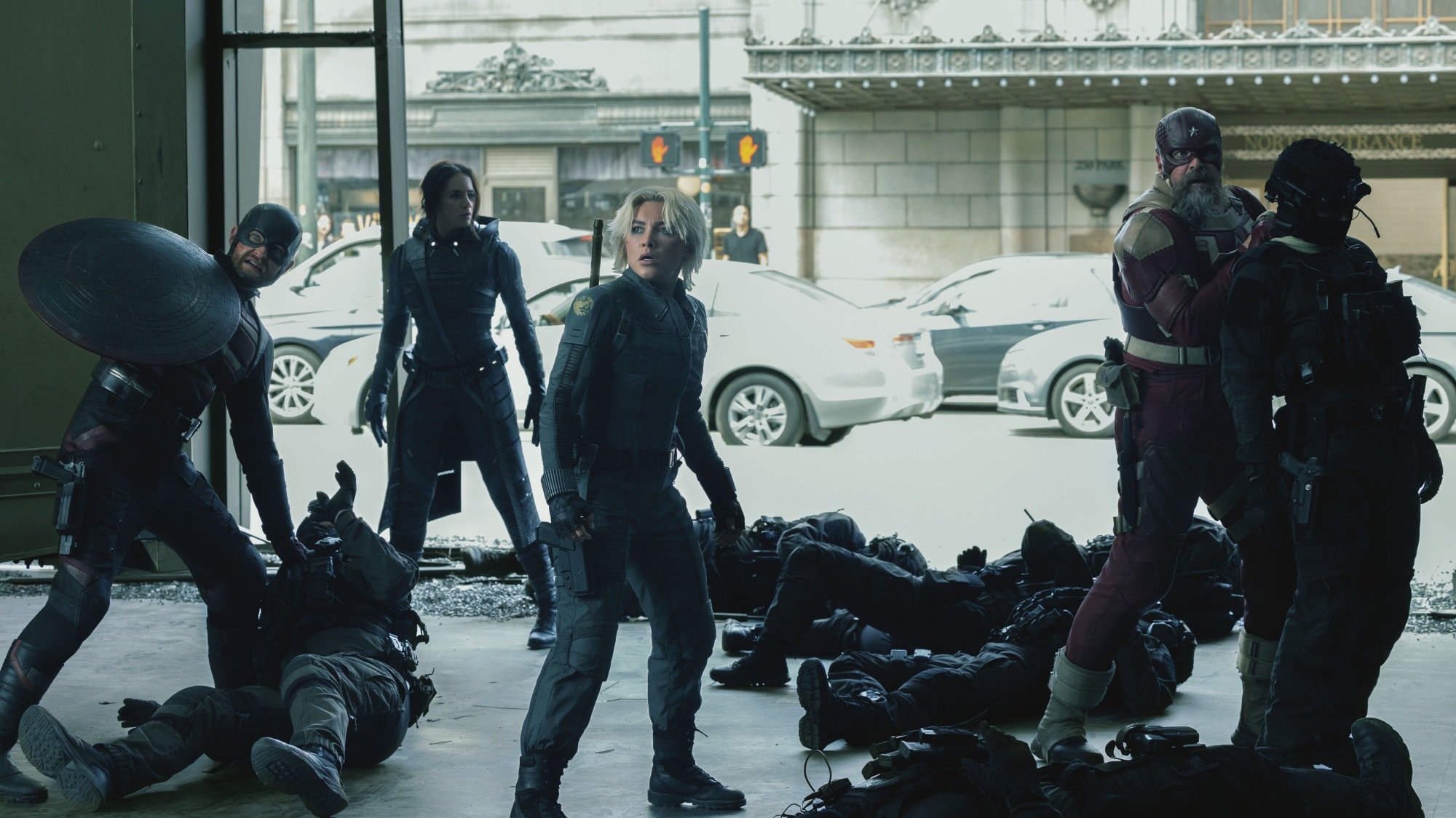 John Walker (Wyatt Russell), Ghost (Hannah John-Kamen), Yelena Belova (Florence Pugh), and Alexei Shostakov/Red Guardian (David Harbour) in Marvel Studios' "Thunderbolts*".
